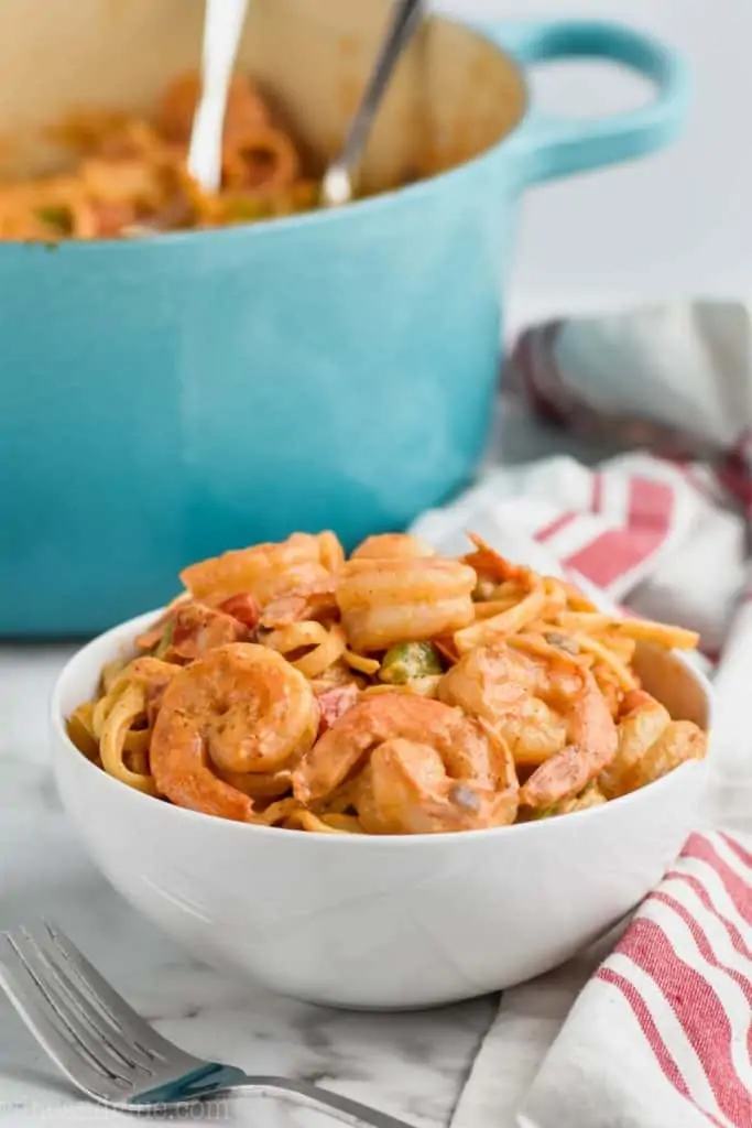 bowl of creamy one pot shrimp fajita pasta dinner