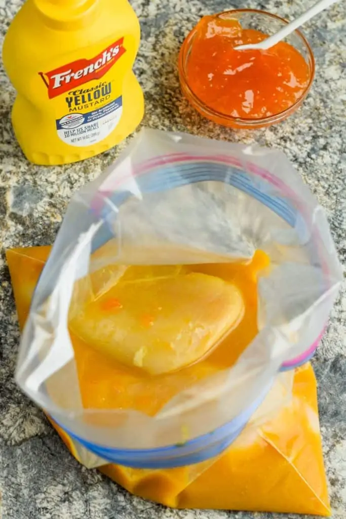 apricot mustard dressing in a plastic bag for marinading