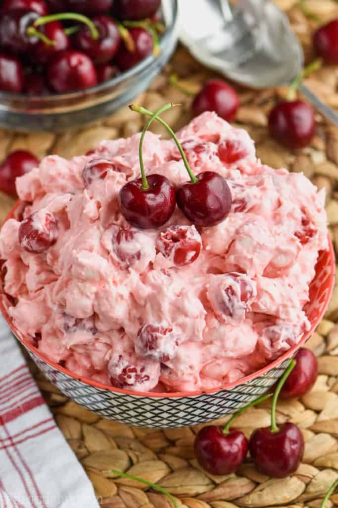 overhead view of cherry cheesecake fluff