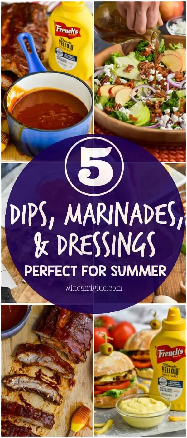 A collage of six photos showing the 5 different dips, marinades, and dressing