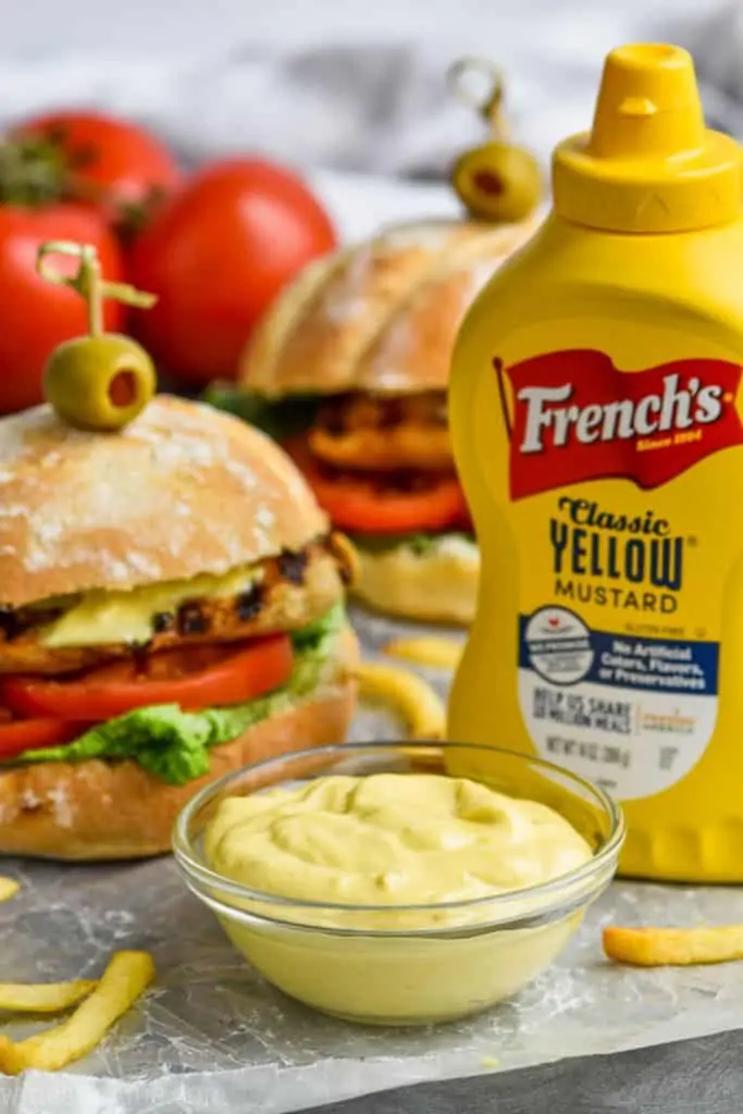 garlic mayonnaise mustard sauce pictured with two chicken sandwiches