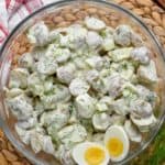 overhead view of healthy potato salad with two hard boiled eggs - 5
