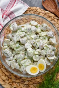 overhead view of healthy potato salad with two hard boiled eggs