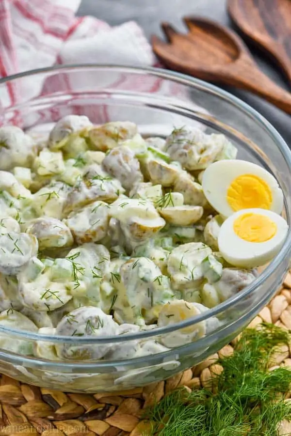 big serving bowl full of healthy potato salad