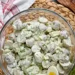 overhead view of healthy potato salad with two hard boiled eggs