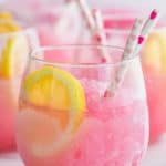 frosted glass of three ingredient pink party punch recipe