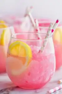 frosted glass of three ingredient pink party punch recipe