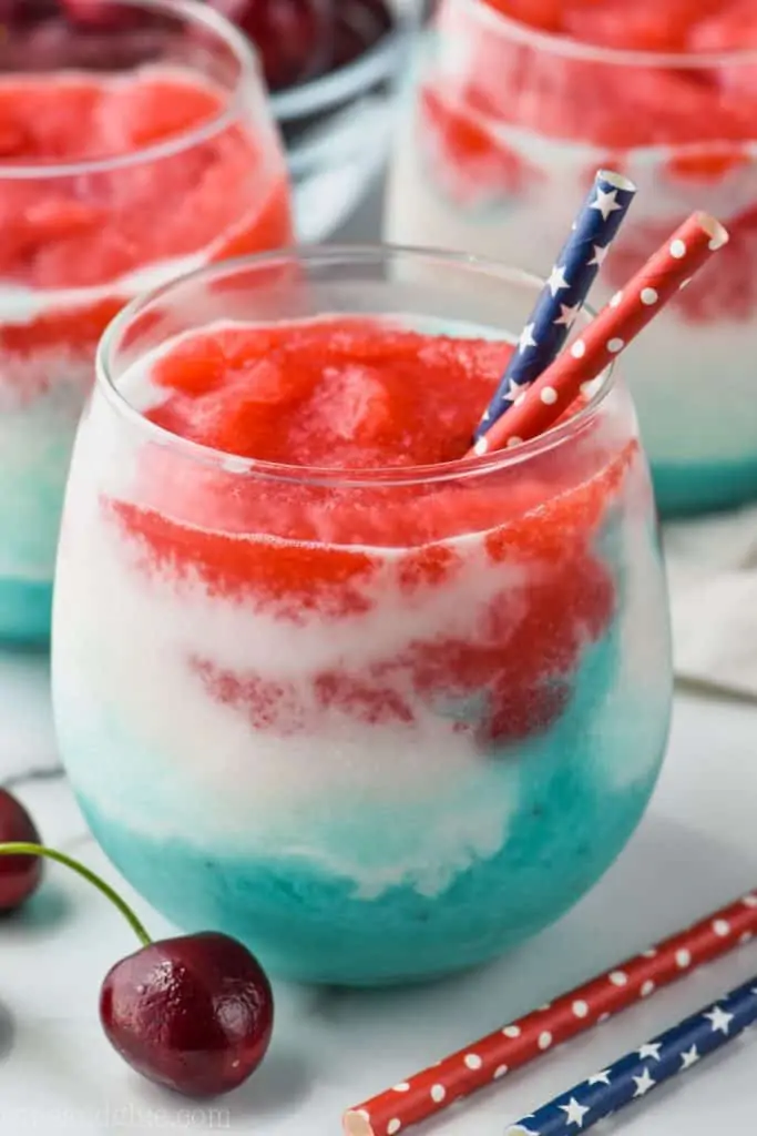 layered wine slushie recipe with red white and blue for fourth of July cocktail