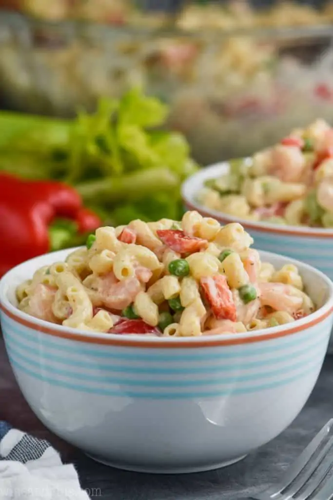 A side photo of a bowl of Shrimp Pasta Salad