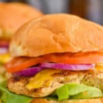 close up of a grilled chicken sandwich with lettuce on the bottom, then the chicken breast, then honey bbq sauce, then red onions and tomatoes