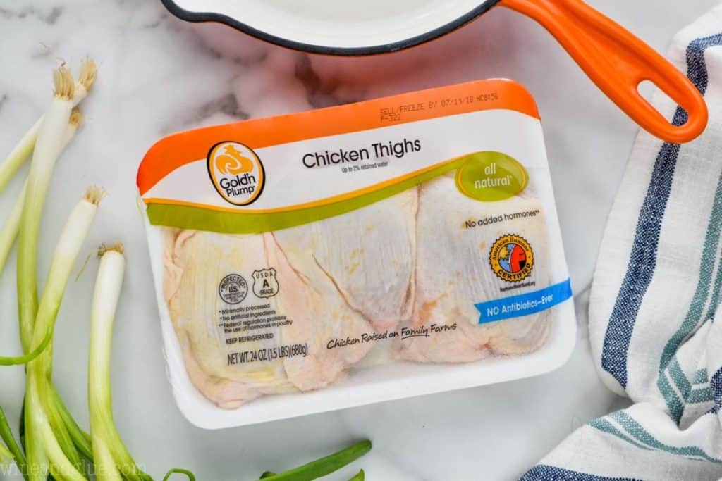 package of Gold'n Plumps bone-in chicken thighs
