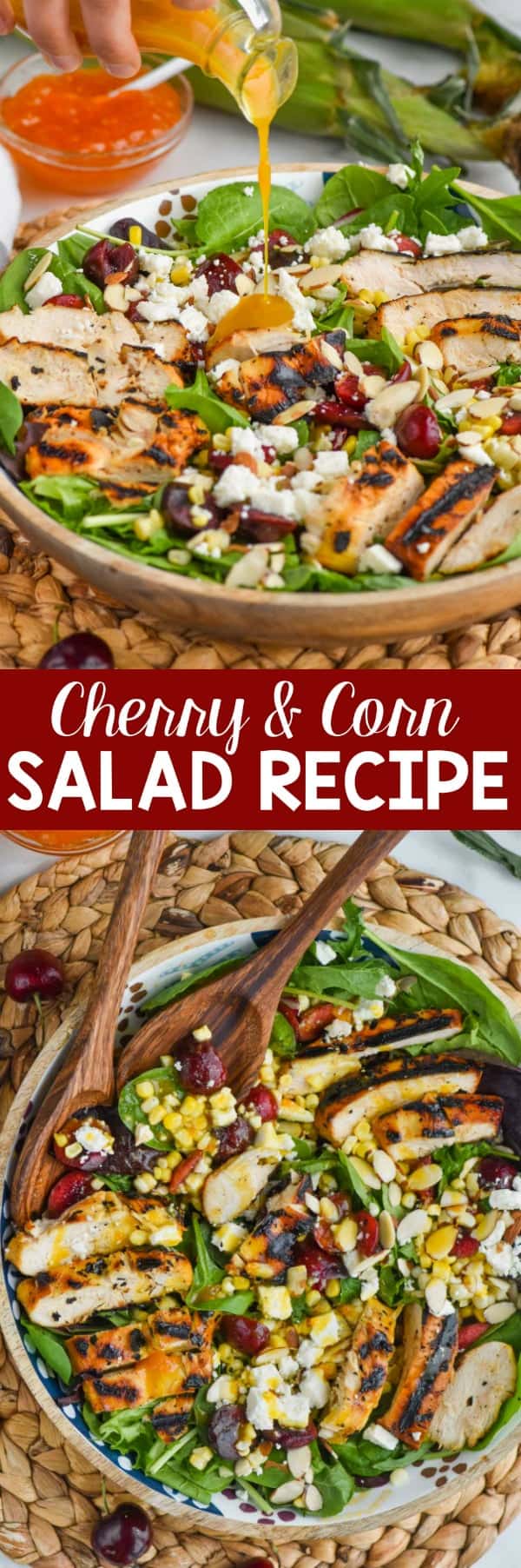 A collage of two photos: the salad dressing is being poured on top of the salad and an overhead photo of the Cherry and Corn Salad