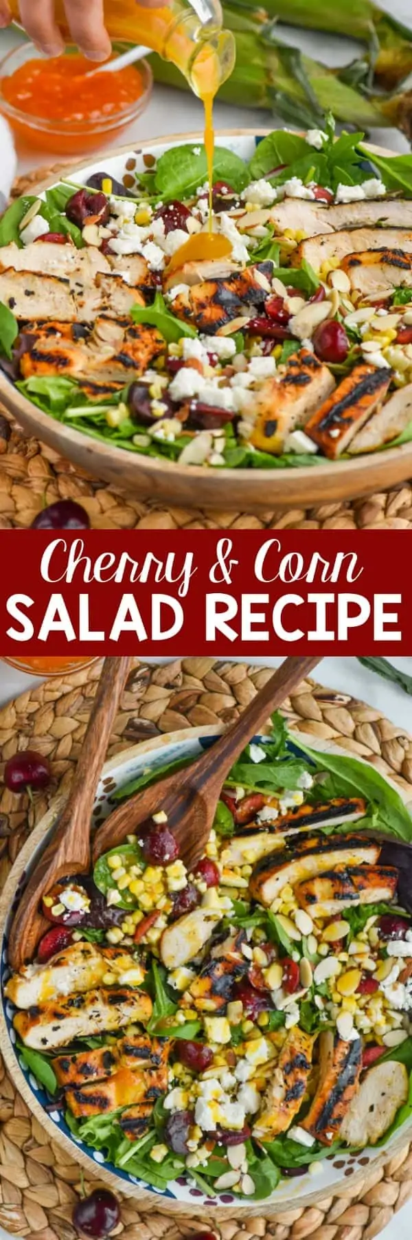 A collage of two photos: the salad dressing is being poured on top of the salad and an overhead photo of the Cherry and Corn Salad