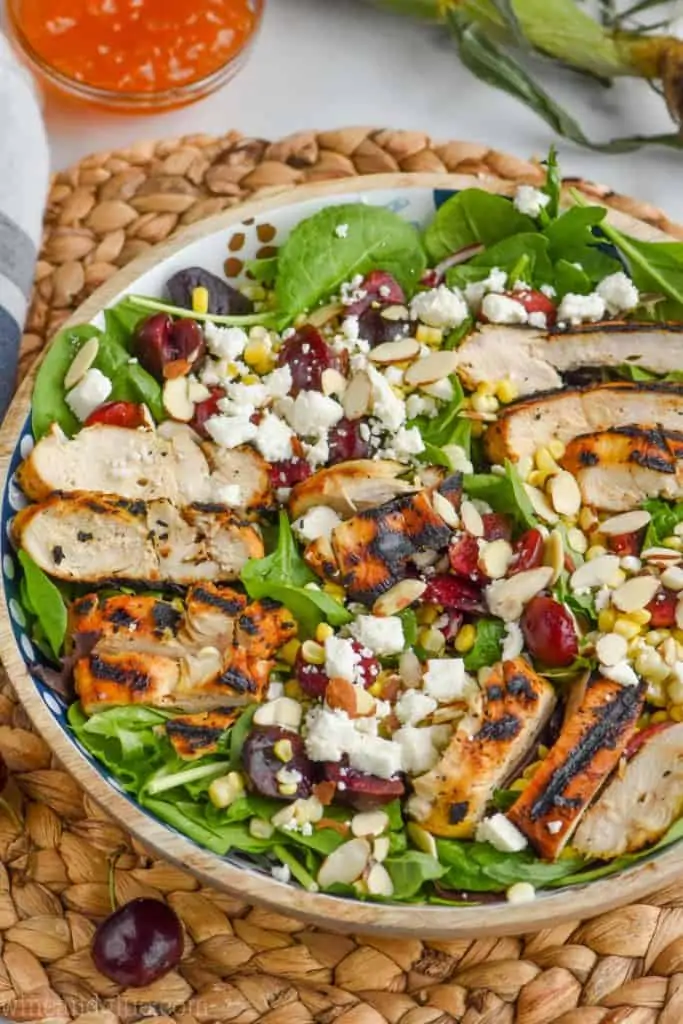 easy corn salad recipe with chicken, cherries, and almonds