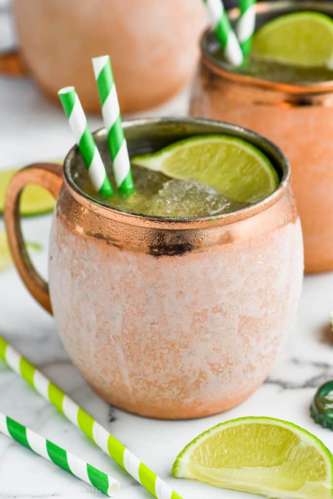 frosty copper mug of frozen moscow mule with a slice of lime 