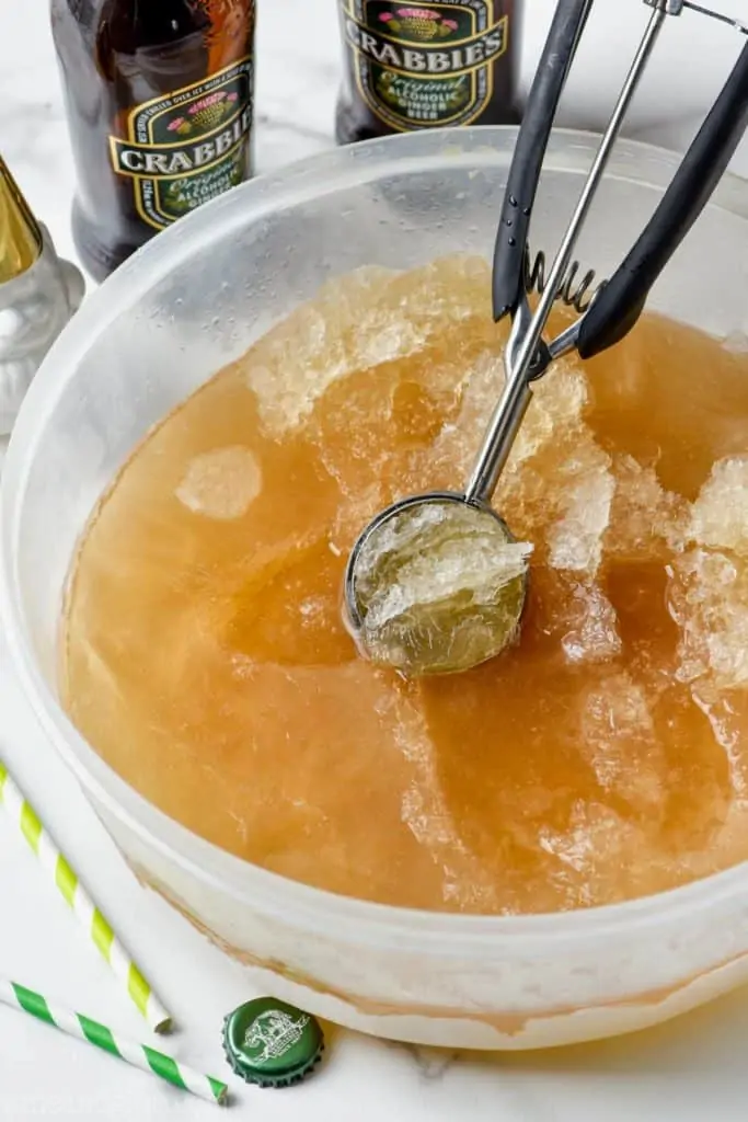 plastic container full of frozen moscow mule being scooped out with a ice cream scooper 