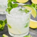 small tumbler glass filled with mojito margarita recipe with salt rim, lime wedge, and mint sprig
