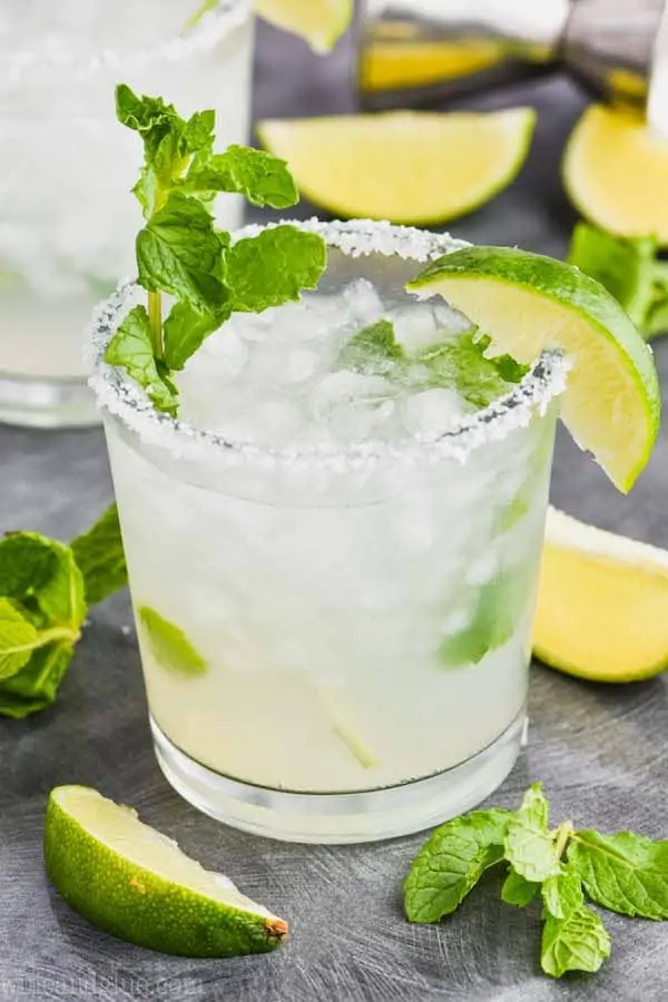 small tumbler glass filled with mojito margarita recipe with salt rim, lime wedge, and mint sprig