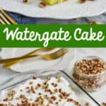 watergate cake recipe on a plate topped with walnuts and a cherry