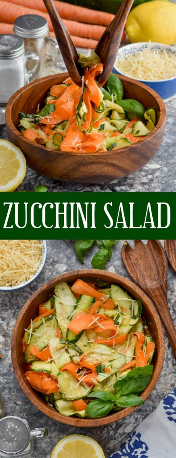 A collage of two photos: salad spoons are spooning some of the zucchini salad and an overhead photo of the zucchini salad