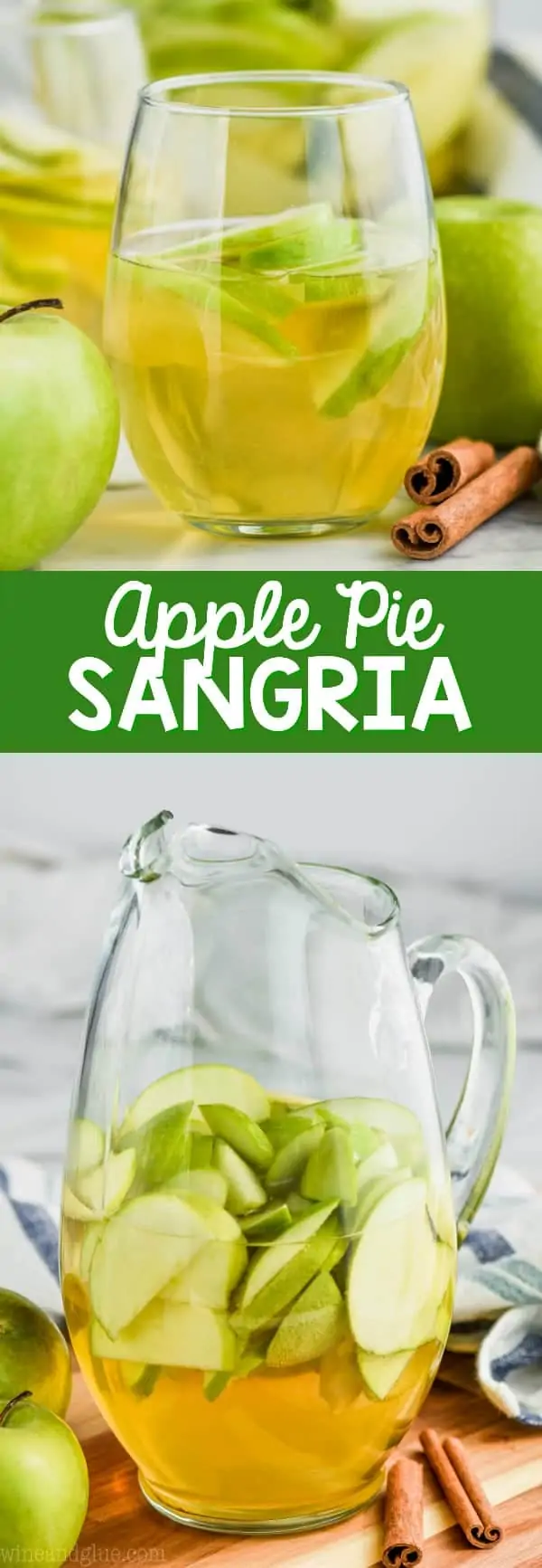 pitcher of apple pie sangria recipe with cut up green apples