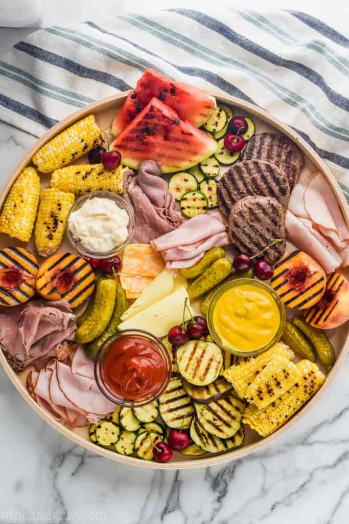 overhead of a grilled charcuterie tray