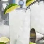 gin rickey cocktail recipe with metal straw and ingredients in the background