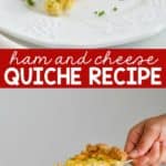 ham and cheese quiche recipe on a plate with chives