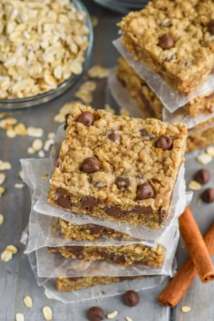 overhead view of chocolate chip oatmeal bar