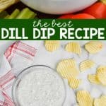 up close of chip being dipped into dill dip recipe