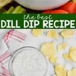 up close of chip being dipped into dill dip recipe