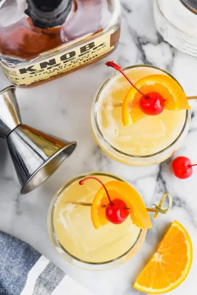 overhead view of two whiskey sours