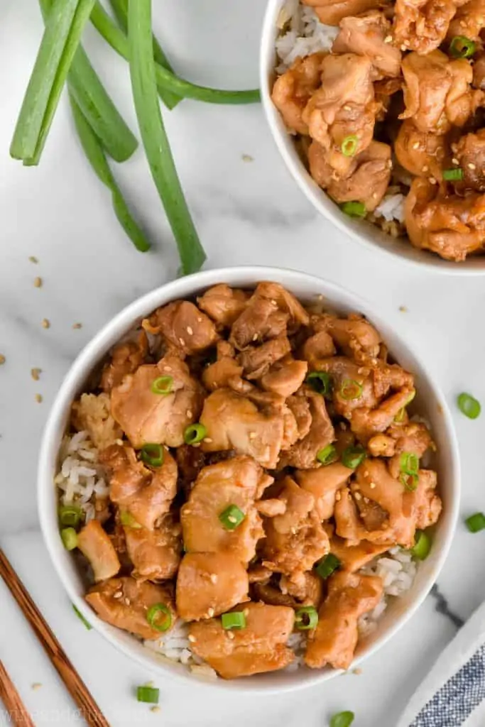 overhead view of a bowl of the best bourbon chicken recipe