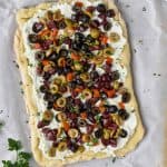 overhead view of black olive pizza recipe - 18