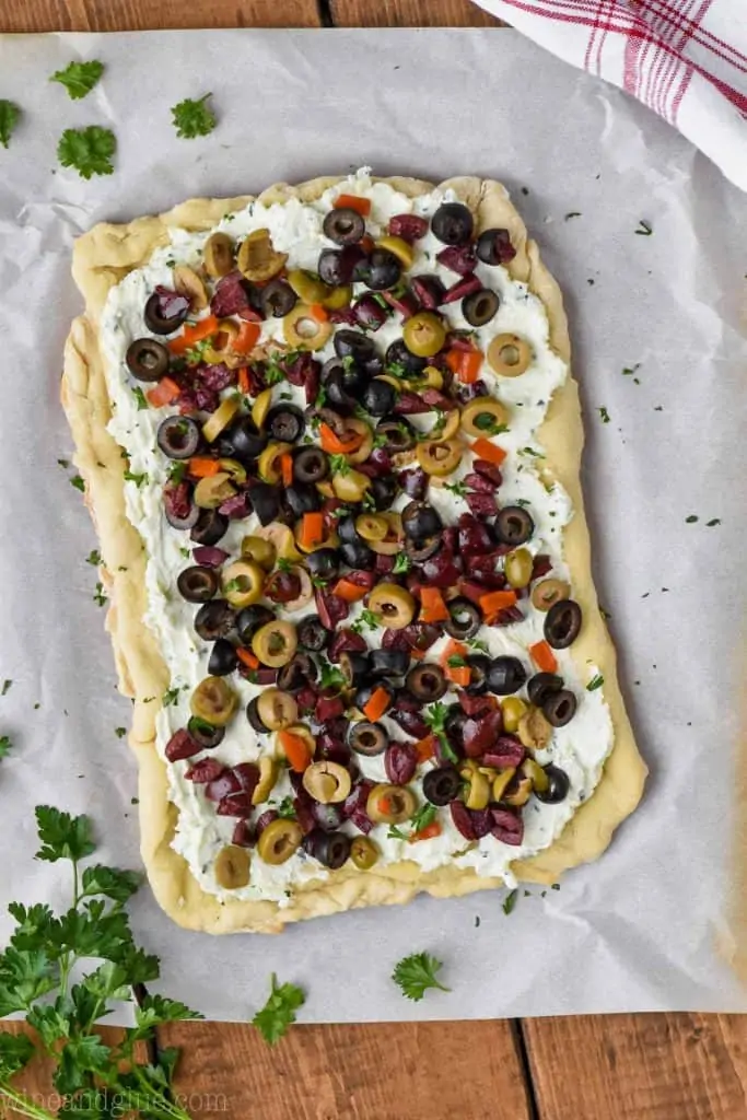 overhead view of black olive pizza recipe