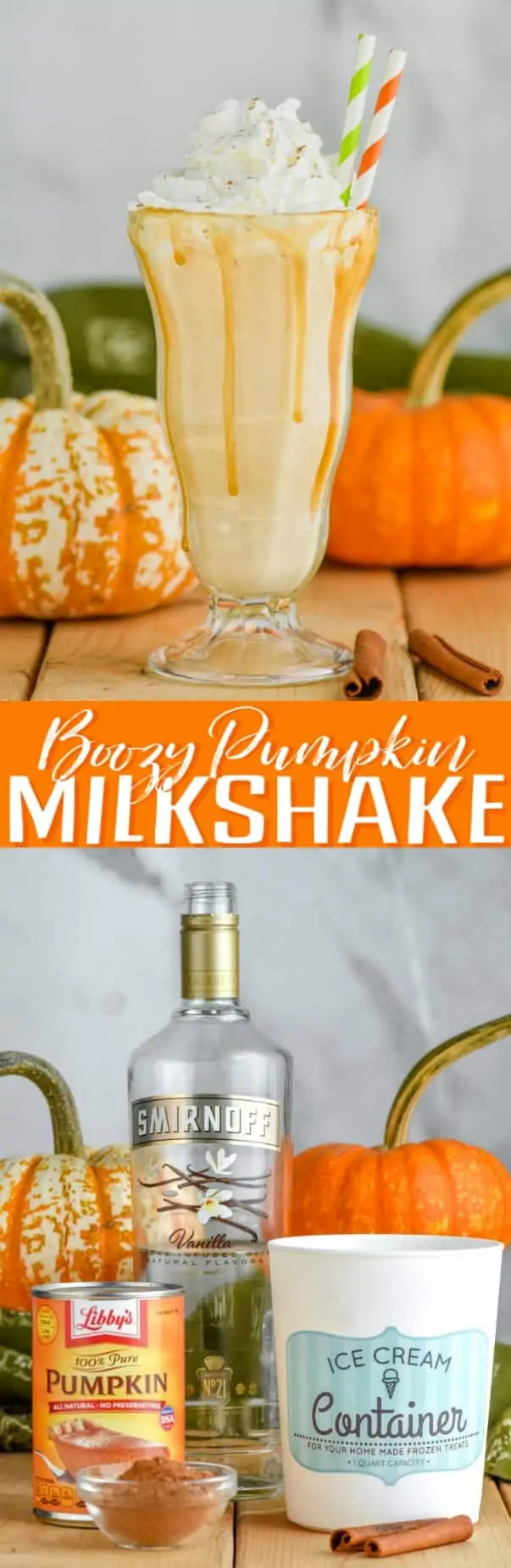 boozy pumpkin milkshake with whipped cream and straws