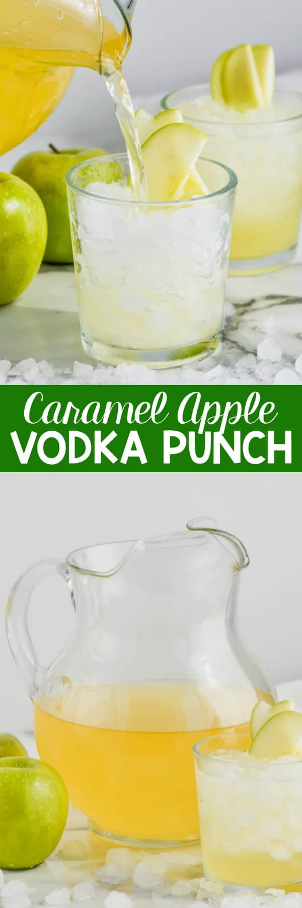 caramel apple vodka punch being poured into a glass of ice garnished with sliced apples