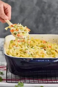 spoon digging into a cheesy chicken and noodle casserole recipe