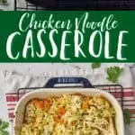 spoon digging into a cheesy chicken and noodle casserole recipe