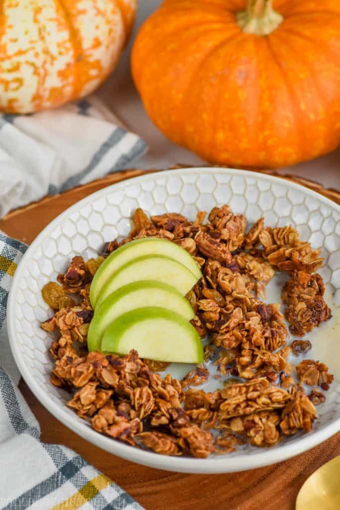 bowl of easy granola recipe with sliced apple on top
