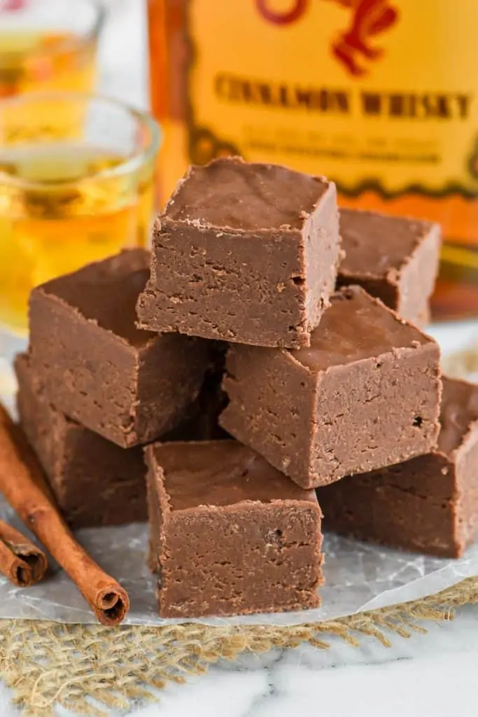 A pyramid stack of cubed Fireball Fudge 