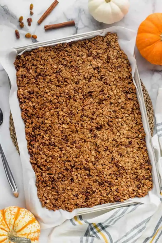 baking tray of baked pumpkin spice homemade granola