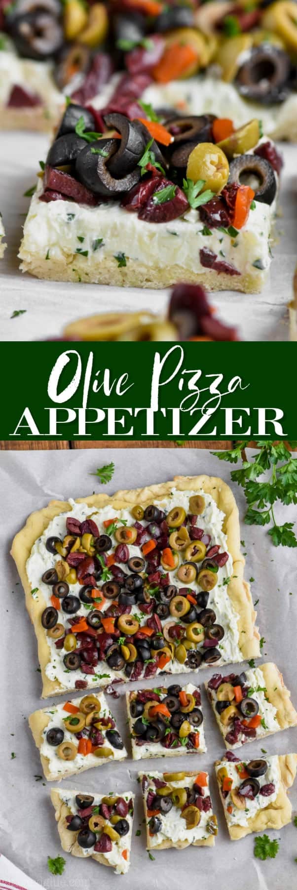 piece of olive pizza appetizer recipe garnished with parsley