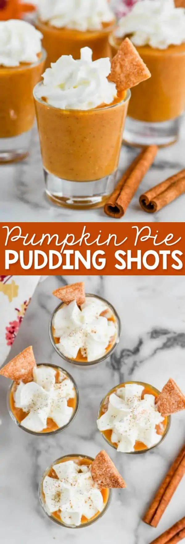 shot glass full of pumpkin pie shot topped with whipped cream