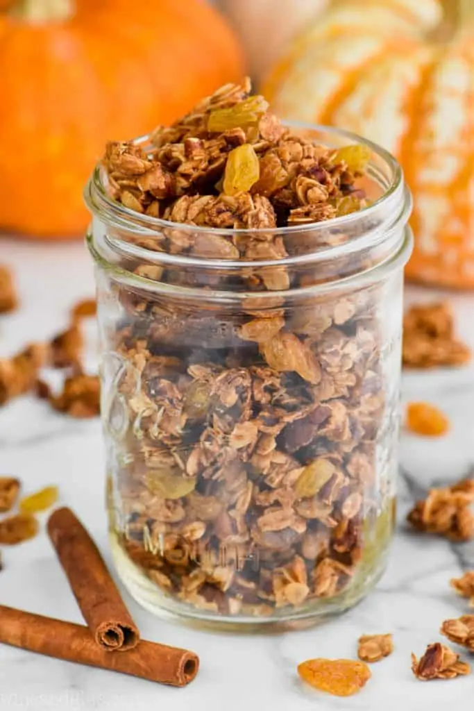 mason jar full of pumpkin spice homemade graonola