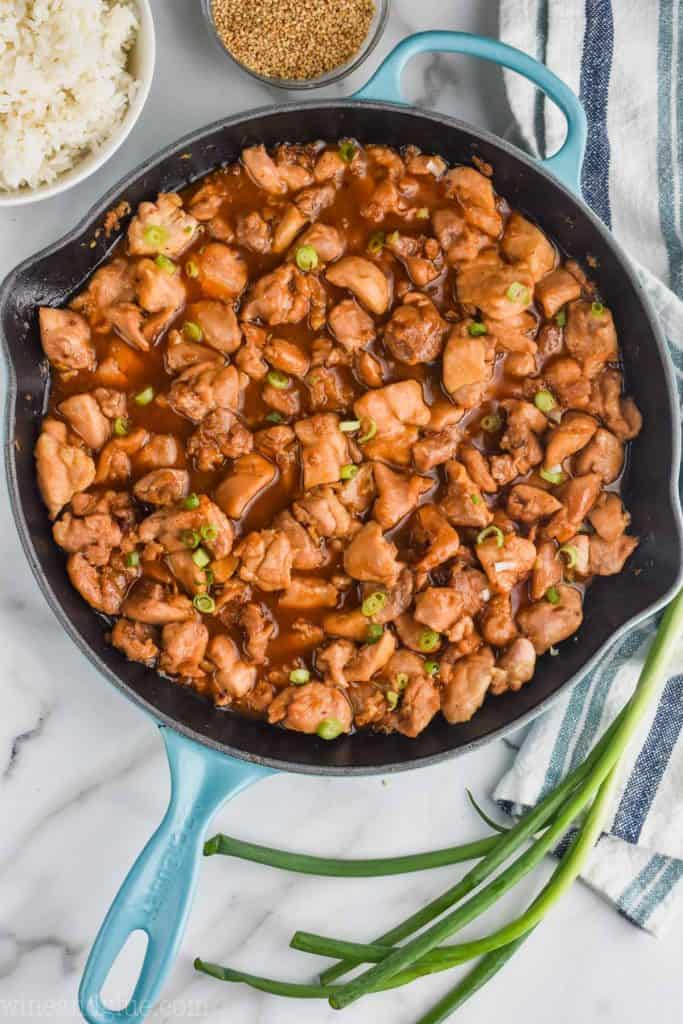 overhead view of recipe for bourbon chicken in a skillet