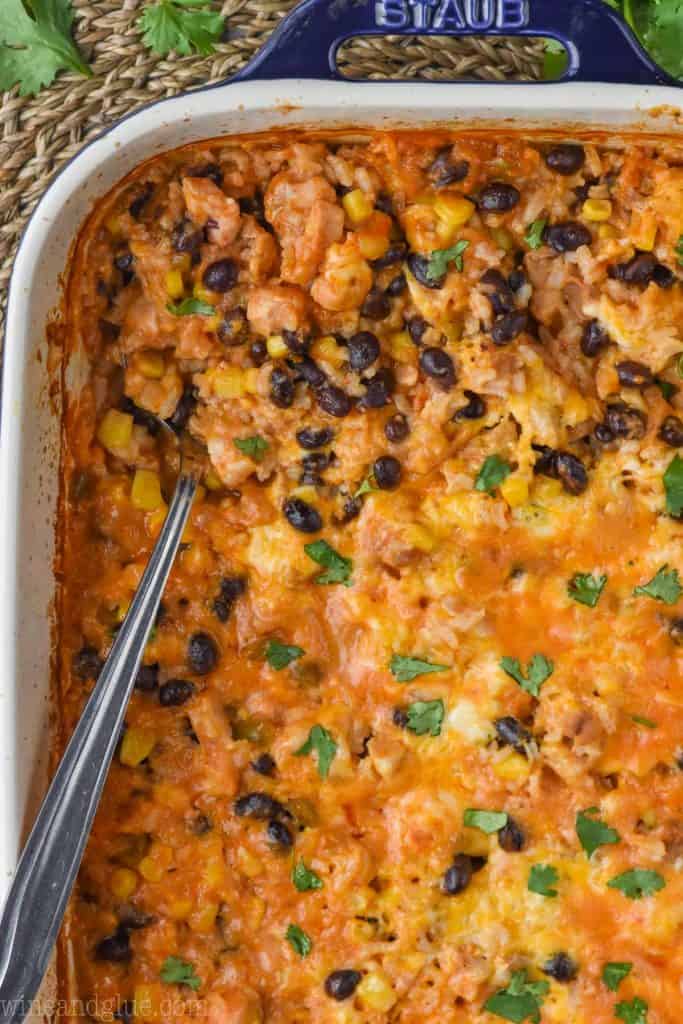 up close overhead of southwestern chicken and rice casserole recipe