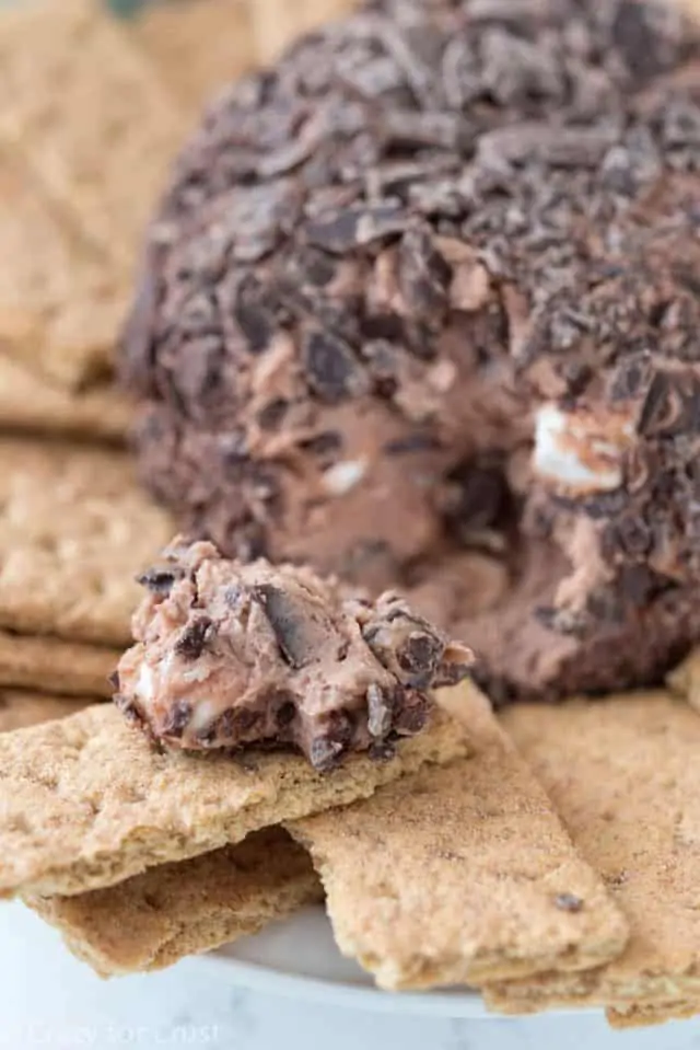 The Chocolate S'mores Cheese Ball is in the middle of the plate surrounded by graham crackers