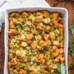 pinterest graphic overhead photo of casserole dish with homemade stuffing, says, "The very best homemade stuffing, simplejoy.com"