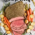 overhead view of a roast beef recipe that has been sliced